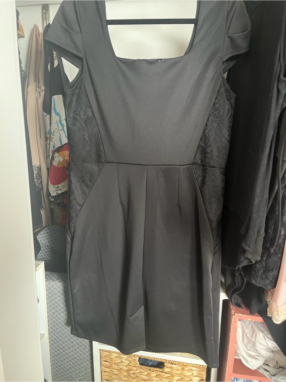Boutique Black Square-Neck Puff-Sleeve Midi Dress with Panel Detailing